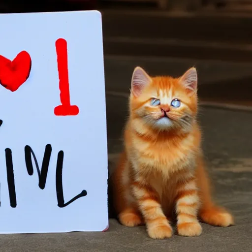 Image similar to cute fluffy orange tabby kitten with a sign that says