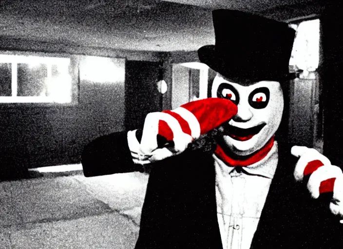 Image similar to film still of hamburglar in a 1 9 8 0 s slasher movie