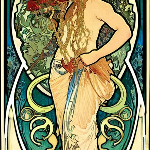 Prompt: an art nouveau painting by Alphonse Mucha of the god Cthulhu