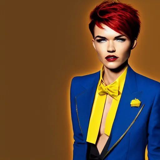 Prompt: Ruby Rose with spiky red hair and wearing gold contact lenses and dressed in a blue suit with a yellow tie