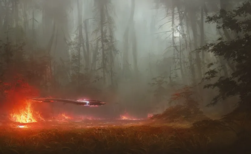 Image similar to a spaceship on fire crashed in a swamp forest, smoke, smoke, smoke, smoke, cloudy air. Atmospheric lighting, overgrowth. By Makoto Shinkai, Stanley Artgerm Lau, WLOP, Rossdraws, James Jean, Andrei Riabovitchev, Marc Simonetti, krenz cushart, Sakimichan, trending on ArtStation, digital art.