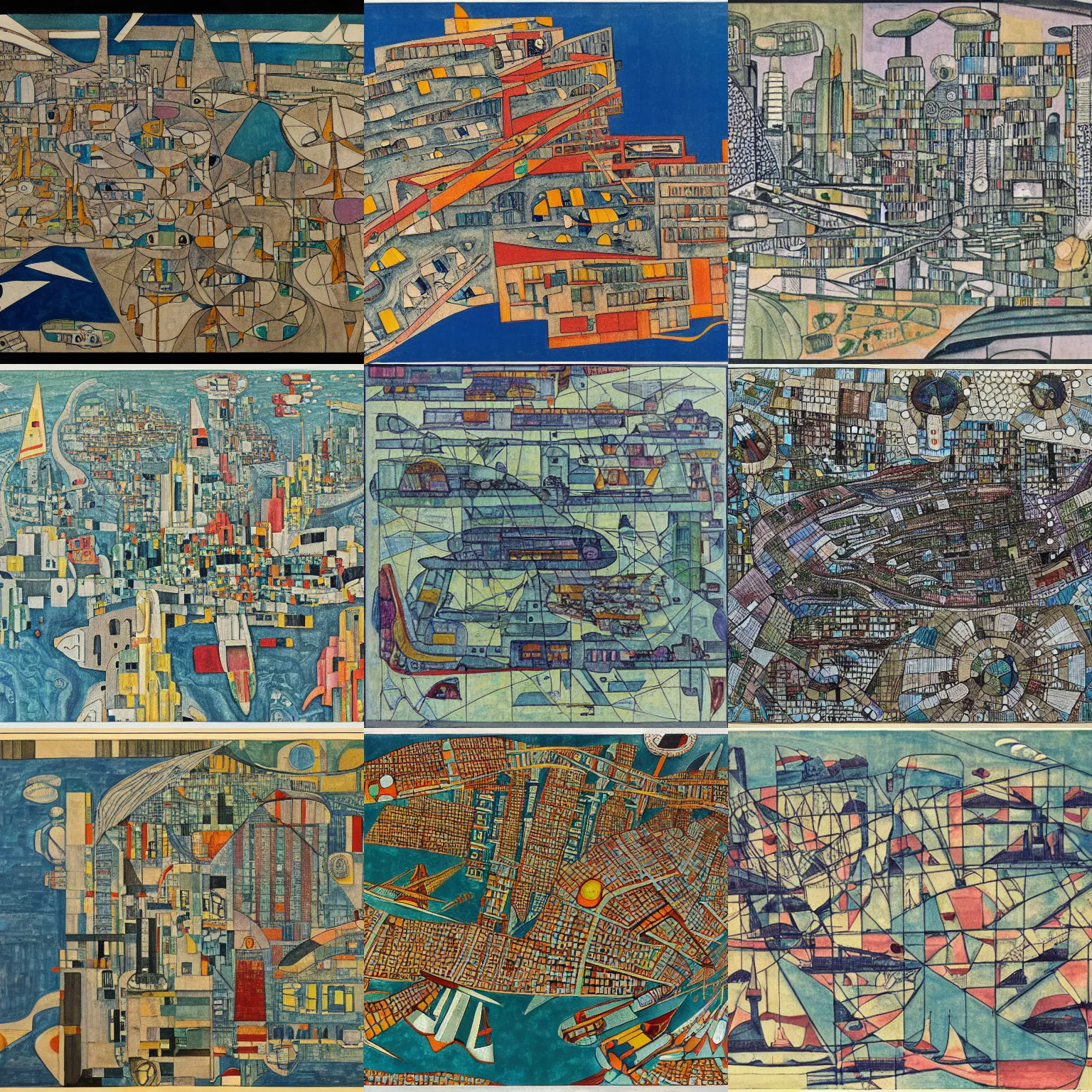 Prompt: a map of a futuristic city located in an island surrounded by water with a few flying ships stationed around it, in the style of diego rivera schiele, full color, exploded view, cartography