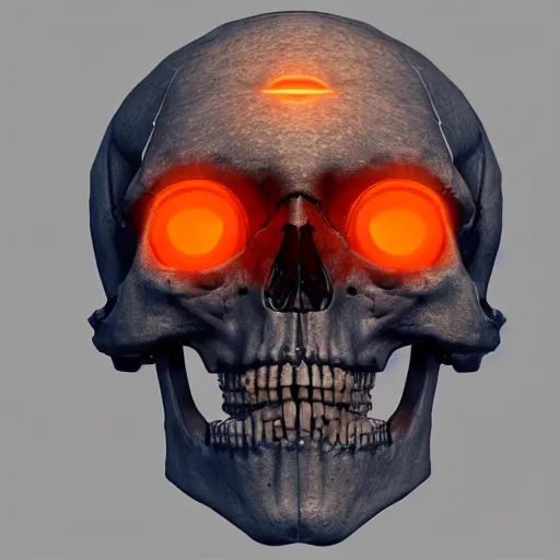 Image similar to real human skull with robotic circular orange light electronic eyes in eye sockets, unreal engine, artstation, render