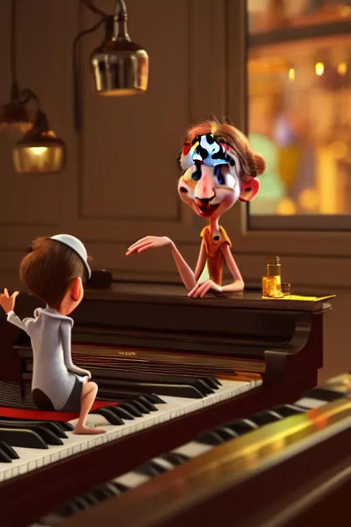 Image similar to the girl playing piano on a bar. pixar disney 4 k 3 d render funny animation movie oscar winning trending on artstation and behance. ratatouille style.