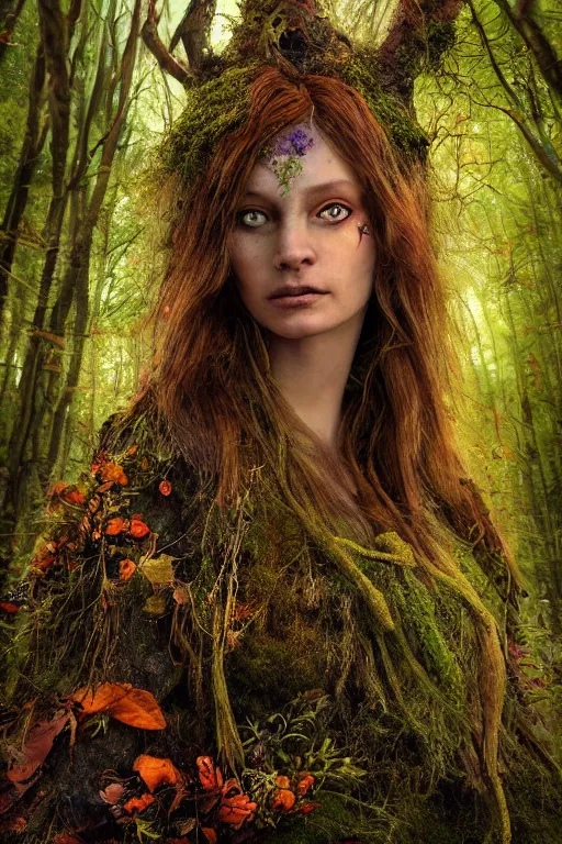 Prompt: psychedelic fantasy character concept portrait of a dryad nature spirit, clothed in a gown made out of bark and moss and flowers, halo, by aleksi briclot, by laura zalenga, by alexander holllow fedosav, 8 k dop dof hdr, vibrant, instagram filters, light filtering through trees during the fall, forest trail covered in orange leaves