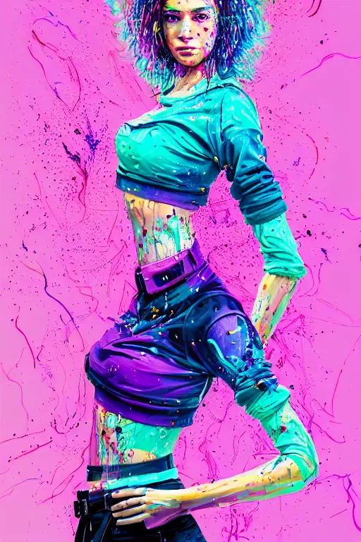 Image similar to a award winning half body portrait of a beautiful woman in a croptop and cargo pants with ombre purple pink teal hairstyle and hands in pockets by ari liloan, surrounded by whirling illuminated lines, paint splashes and splatter, outrun, vaporware, shaded flat illustration, digital art, trending on artstation, highly detailed, fine detail, intricate