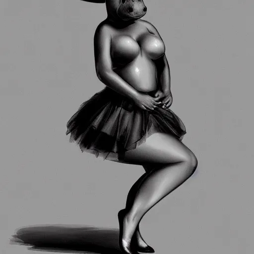 Prompt: hippo in a tutu whose dress is being blown up like Marilyn Monroe’s in seven year itch, artstation, sharp focus, detailed