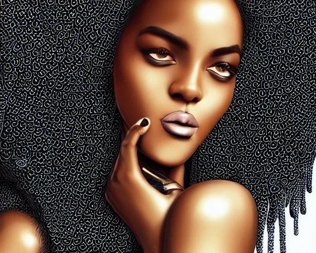 Prompt: A tall black skinned woman wearing a scarf with large lips and smooth eyebrows and curly hair, complimentary eyeliner, light blush and metallic eyeshadow, HD, illustration, epic, fantasy, intricate, elegant, amazing detail, digital painting, artstation, concept art, smooth, sharp focus, illustration, art by Turine Tran