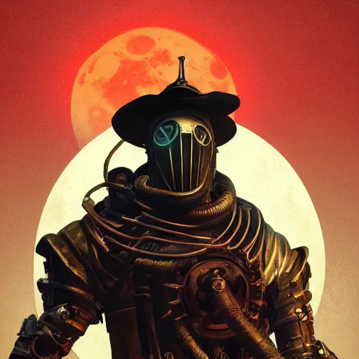 Image similar to an ultra detailed vector image of a big daddy from bioshock dressed as the hunter from bloodborne, concept art by alphonse mucha and greg rutkowski, scary shadows, blood moon eclipse, polaroid octane render, laminal space