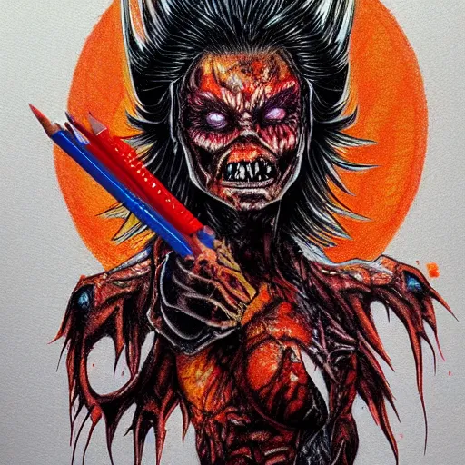 Prompt: hyper realistic colored pencil drawing of zombie wolverine, space background, unlimited detail, colored, space, dragon, intricate, detail, phoenix, orange by harumi hironaka-C 8