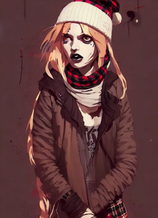 Prompt: highly detailed portrait of a sewer punk lady student, beanie, tartan scarf, wavy blonde hair by atey ghailan, by greg rutkowski, by greg tocchini, by james gilleard, by joe fenton, by kaethe butcher, gradient red, black, brown and cream color scheme, grunge aesthetic!!! white graffiti tag wall background