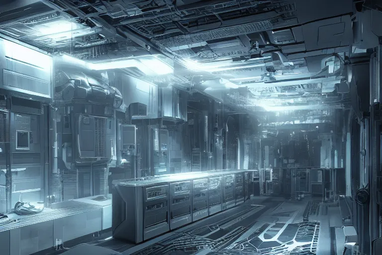 Image similar to parallax datacenter server room interior single mono colossus white rusty android guest robosaurus artstation cinematic detailed concept art volumetric light sharp coherent cgsociety symmetric perfect well balanced shadows lotr alien prometheus