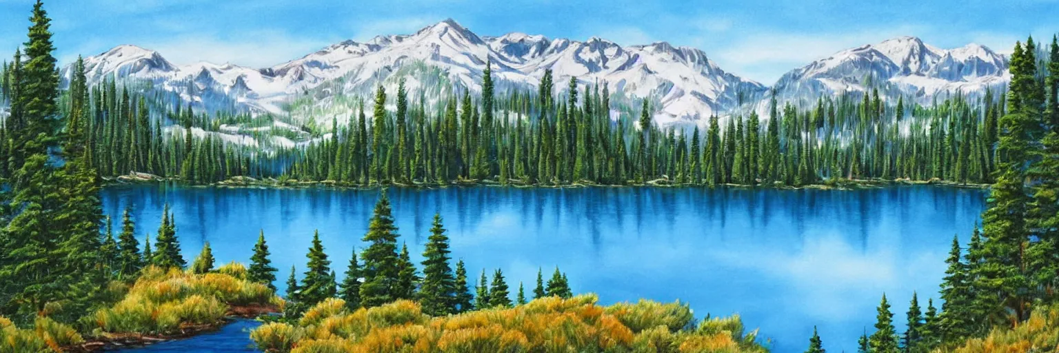 Image similar to a lake surrounded by pine trees with mountains in the background painted by Bob Ross