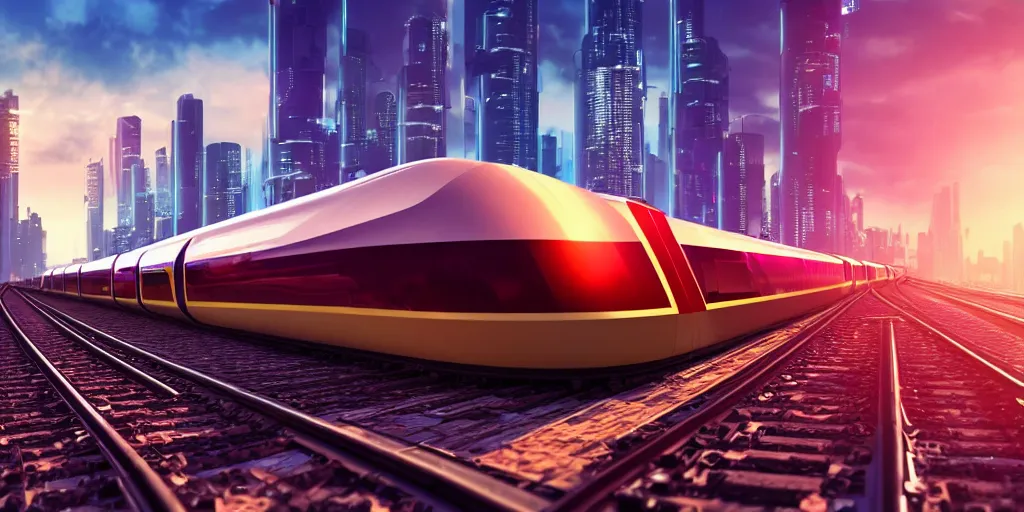 Prompt: a cyberpunk maglev train riding though futuristic station, futuristic cityscape in background, golden hour sunset, gorgeous lighting and metallic reflection, maroon and blue accents, 8k, large scale, high detail, side profile