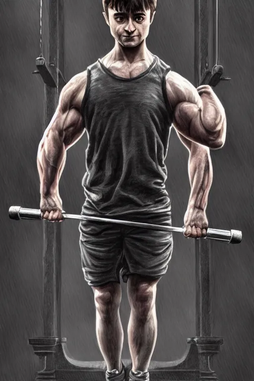 Image similar to highly detailed rendering of Daniel Radcliffe as Harry Potter doing barbell back squats, dingy workout gym, wearing a muscle tee shirt, muscular deep squats, symmetrical, highly detailed, digital painting, artstation, concept art, smooth, sharp focus, illustration, cinematic lighting, art by artgerm and greg rutkowski and alphonse mucha