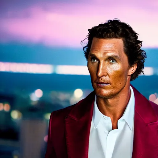 Prompt: a still of matthew mcconaughey . He's looking directly at the camera. HD. Shallow depth of field. City at night in background, lights, colors ,studio lighting, mood, 4K. Profession photography