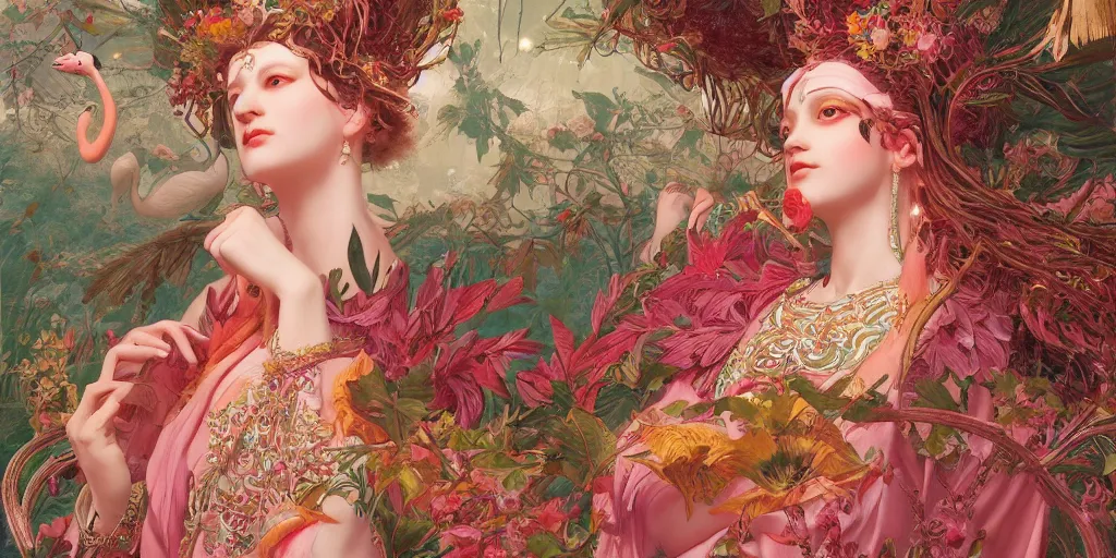 Image similar to breathtaking detailed concept art painting of the goddess of flamingo, orthodox saint, with anxious, piercing eyes, ornate background, amalgamation of leaves and flowers, by Hsiao-Ron Cheng and John James Audubon, extremely moody lighting, 8K