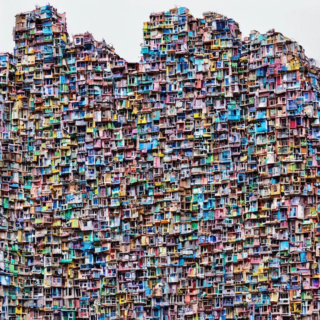 Image similar to intertwined high towers with colourful stacked makeshift squatters, uniform plain sky, mamiya, very sharp, very detailed, photographed by cristina de middel