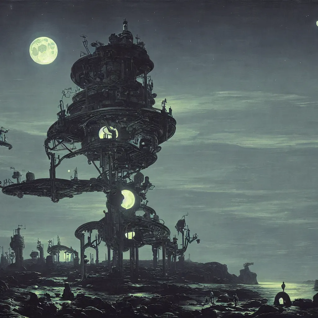 Prompt: a surreal and awe - inspiring science fiction landscape, moon in the sky looks like a skull, intricate, elegant, highly detailed matte painting by george bellows and simon stalenhag