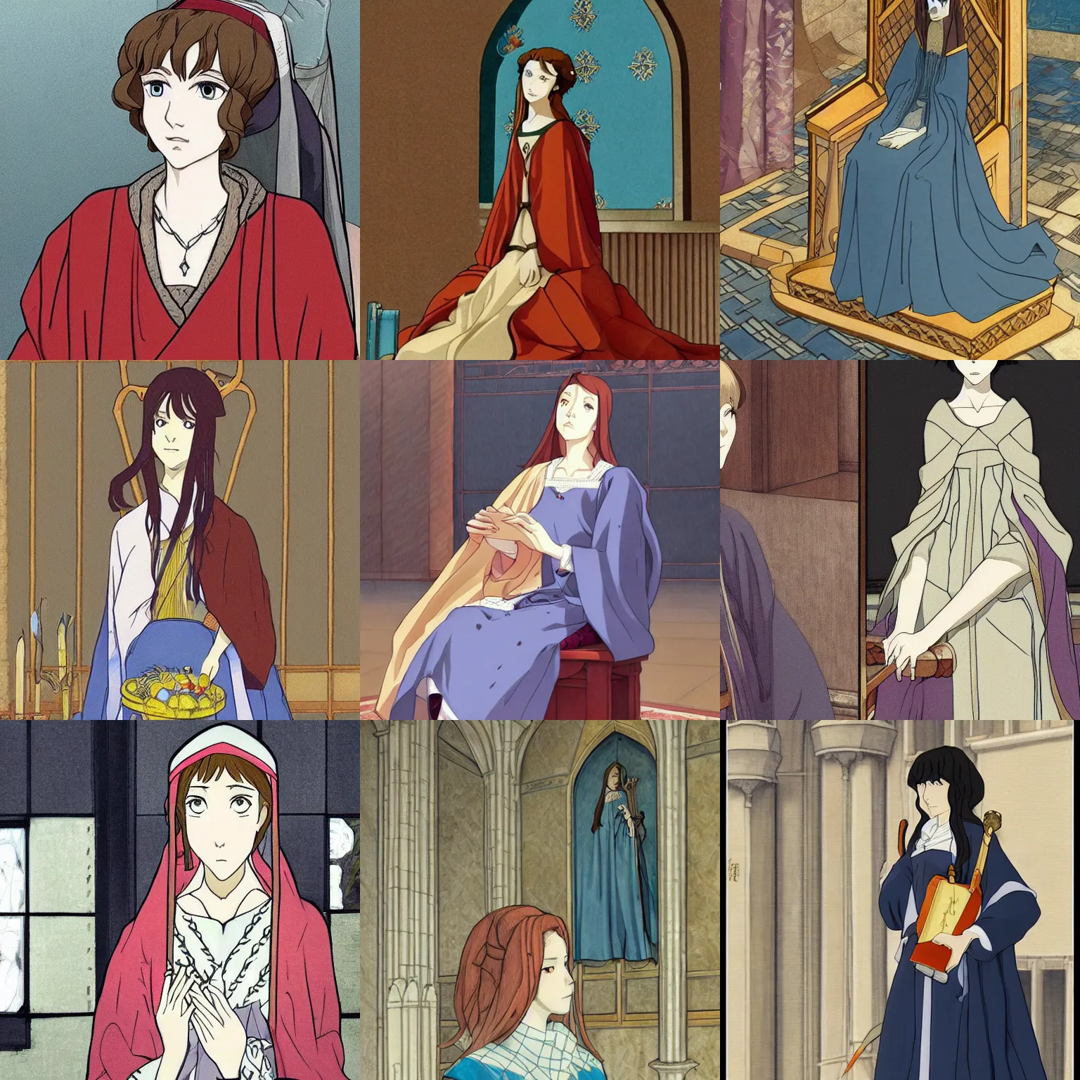 Prompt: Eleanor of Aquitaine at court, relaxed, anime portrait by Makoto Shinkai and Satoshi Kon