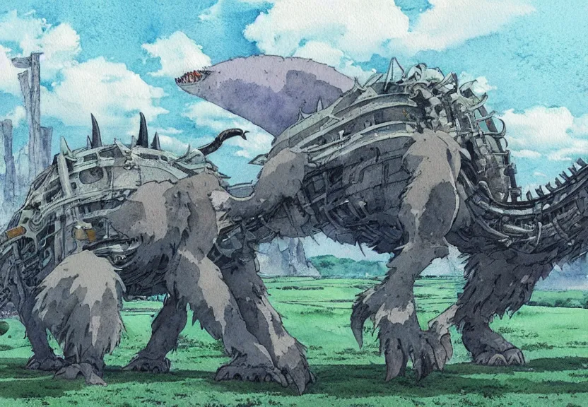 Image similar to a hyperrealist watercolor concept art from a studio ghibli film showing a giant grey mechanized prehistoric beast from howl's moving castle ( 2 0 0 4 ). stonehenge is under construction in the background, in the rainforest on a misty and starry night. by studio ghibli. very dull muted colors
