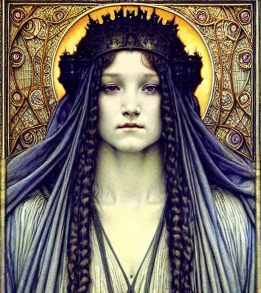 Image similar to detailed realistic beautiful young medieval queen face portrait by jean delville, gustave dore and marco mazzoni, art nouveau, symbolist, visionary, gothic, pre - raphaelite. horizontal symmetry