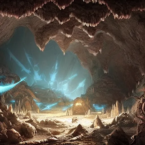 Image similar to beautiful matte painting of a cave with glowing crystals on the walls and bone piles on the floor, fantasy, sharp focus