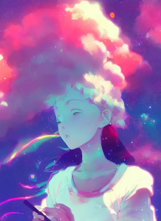 Image similar to portrait of a very cute girl blowing a vape cloud of psychedelic galaxies, illustration concept art anime key visual, very trippy and abstract, trending pixiv fanbox by wlop and greg rutkowski and makoto shinkai and studio ghibli and kyoto animation
