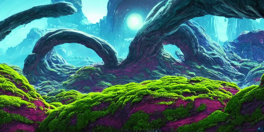 Image similar to a beautiful alien landscape with deadly alien plants, colorful, wide angle, super highly detailed, professional digital painting, artstation, concept art, smooth, sharp focus, no blur, no dof, extreme illustration, Unreal Engine 5, Photorealism, HD quality, 8k resolution, cinema 4d, 3D, beautiful, cinematic, art by artgerm and greg rutkowski and alphonse mucha and loish and WLOP