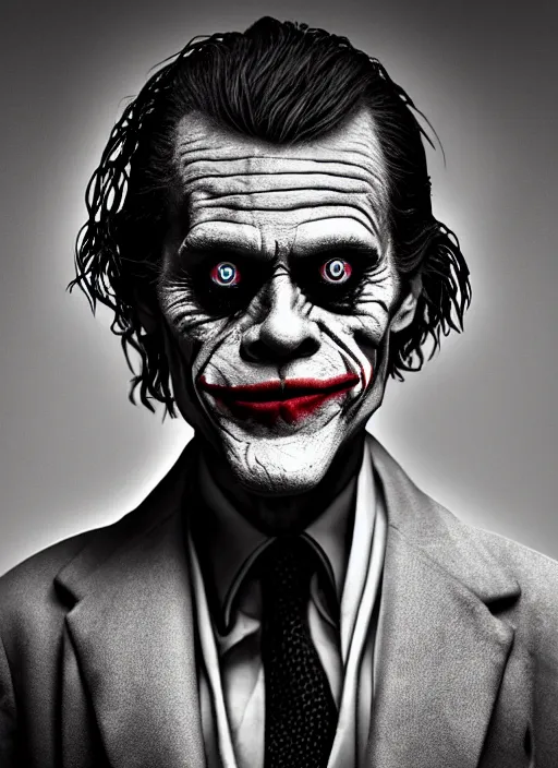 Prompt: photo of Willem Dafoe as the Joker by Lee Jeffries, big smile, detailed, award winning, Sony a7R, trending on artstation