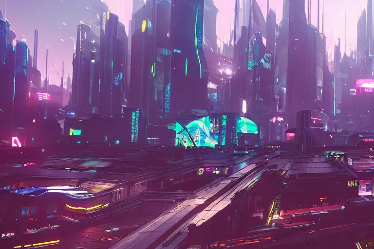 Prompt: future utopian city in the style of a cyberpunk 2 0 7 7 screenshot, concept art, artstation, deviantart, behance, highly detailed