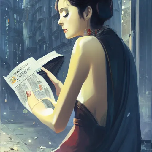 Image similar to seductive goddes reading newspaper in modern city in the style of Durand and greg rutkowski, beautiful, geometric, trending on artstation, cinematic