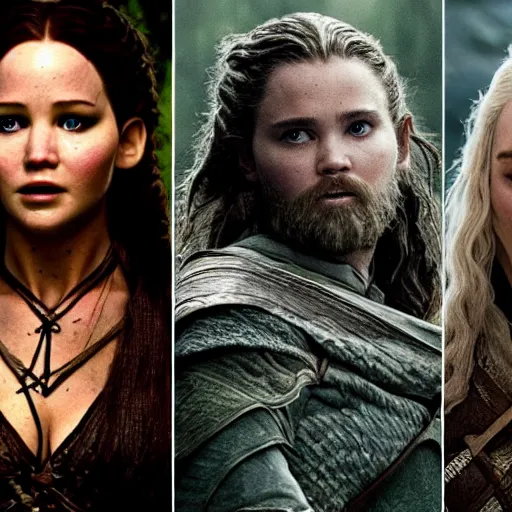 Image similar to first photos of 2 0 2 4 female lotr remake show 3 starts - jennifer lawrence as legolas, megan fox as aragorn and florence pugh as gimli, ( eos 5 ds r, iso 1 0 0, f / 8, 1 / 1 2 5, 8 4 mm, postprocessed, 4 k )