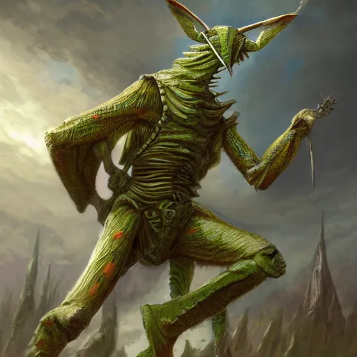 Prompt: full shot of green human - sized mantis religiosa as a d & d assassin wearing white cape ; 6 legs ; hestiastula head ; mantid features, standing on hill ; big medieval army in the background ; fantasy drawing ; illustration ; artstation ; 8 k ; wallpapers ; heavy contrast ; cinematic art ; cgsociety ; art by greg rutkowski and thomas kinkade