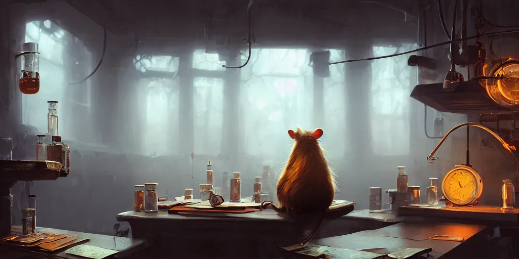 Image similar to rat sitting on a desk in a laboratory with lots of flasks filled with magic liquids and poisonous fog, stephen bliss, unreal engine, fantasy art by greg rutkowski, loish, rhads, ferdinand knab, ilya kuvshinov, rossdraws, tom bagshaw, global illumination, radiant soft light, detailed and intricate environment