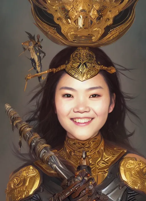 Prompt: Close-up portrait of smiling young asian woman wearing a winged helmet and black armor with skulls, holding a magic staff, portrait, highly detailed, digital painting, artstation, concept art, sharp focus, illustration, art by artgerm and greg rutkowski and alphonse mucha