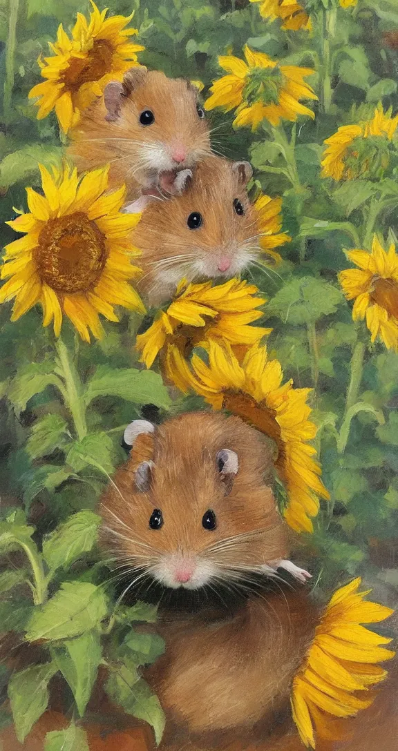 Image similar to a highly detailed beautiful portrait of a cute little hamster surrounded by beautiful sunflowers, by gregory manchess, james gurney, james jean