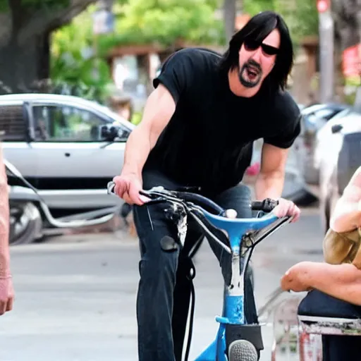Prompt: Keanu Reeves eating three scoop ice cream cone on a bicycle