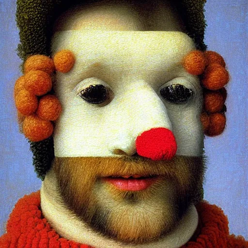 Image similar to portrait photo of a wool sock with face made from pixels and voxels and popcorn, Perfect face, extremely high details, realistic, by Giuseppe Arcimboldo, Edward Hopper, Rene Margitte