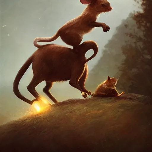 Image similar to a heroic mouse riding on the back of a prancing cat, photography, hyperrealistic, by greg rutkowski, smooth, illustration, elegant, artstation, digital painting.