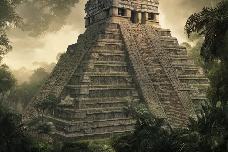 Image similar to Brutalist mayan temple in the jungle, beautiful dynamic lighting, cinematic, wide angle establishing shot, extremely high detail, photo realistic, cinematic lighting, post processed, concept art, artstation, matte painting, style by eddie mendoza, raphael lacoste, alex ross