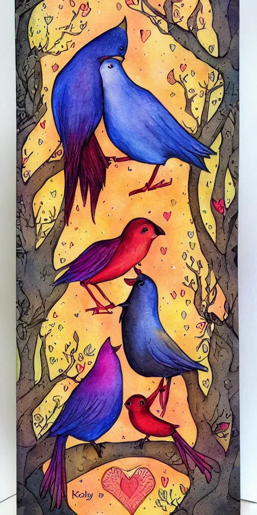 Image similar to greeting card, love, 2 affectionate birds, by kelly mckernan, warm colors, cozy