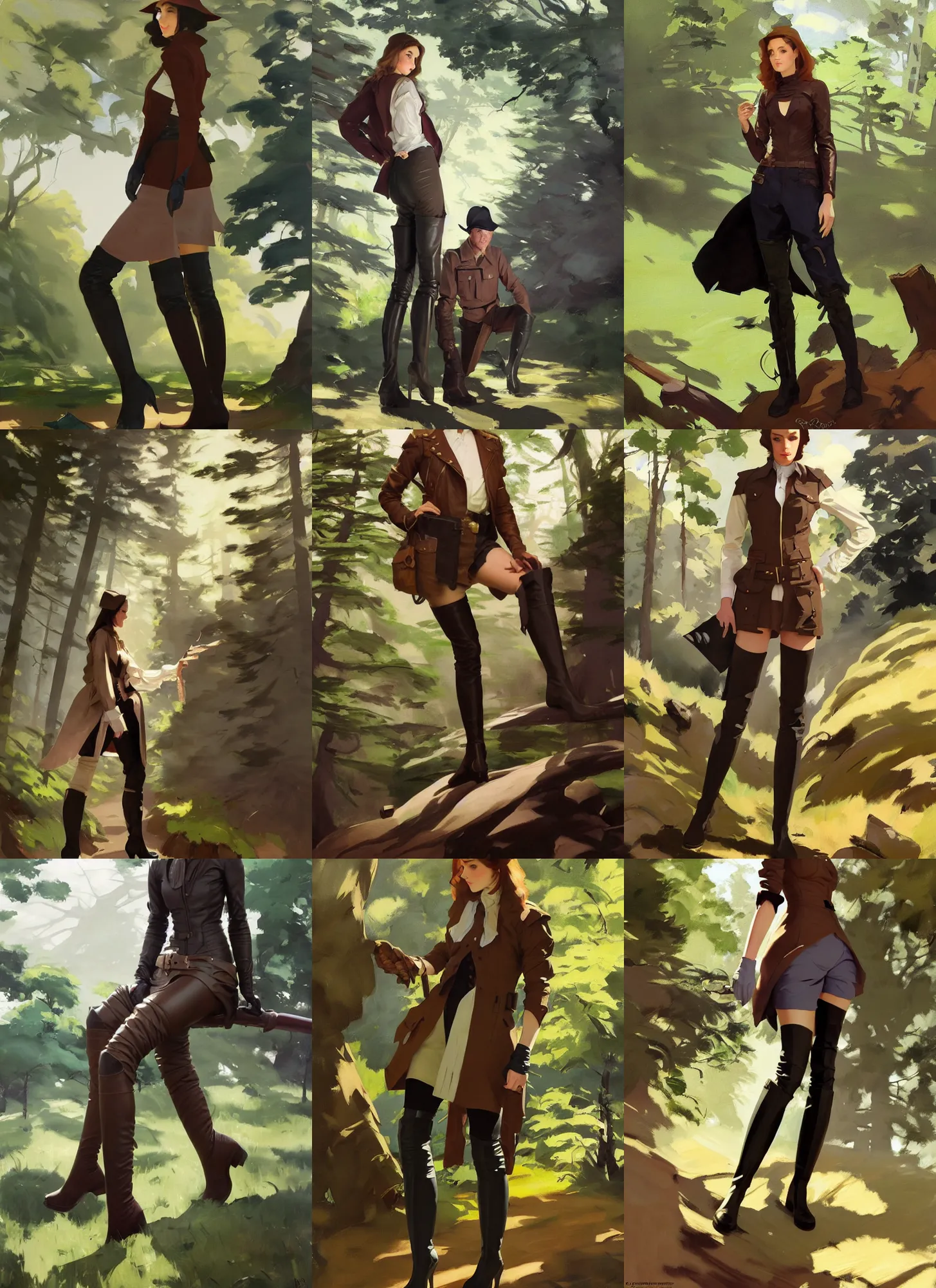 Prompt: cloth fabric jodhpurs knee high boots leather jacket, camping in forest greg manchess painting by sargent and leyendecker, studio ghibli, fantasy, medium shot, asymmetrical, intricate, elegant, matte painting, illustration, hearthstone, by greg rutkowski, by greg tocchini, by james gilleard, by joe fenton