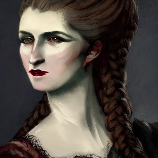 Image similar to head and shoulder professional portrait of a victorian female vampire, painted in the style of bloodborne, interesting color use, vampire fashion, highly detailed, melancholy, vampire teeth