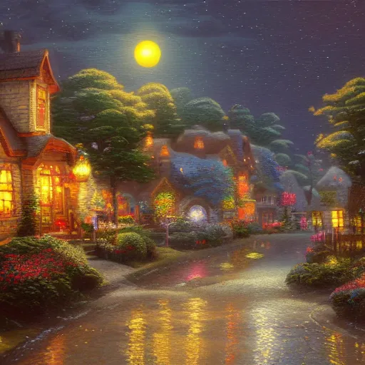 Prompt: Cozy happy village at night by Thomas Kinkade, moonlight, enhanced lighting, hyperrealism, high detail, 8k, artstation
