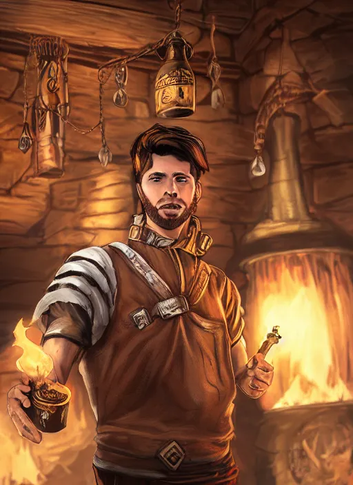 Image similar to An epic fantasy comic book style portrait painting of a handsome young man with brown wavey hair, wearing thief clothing in a tavern and smiling with a wooden tankard in hand, unreal 5, DAZ, hyperrealistic, octane render, cosplay, RPG portrait, dynamic lighting