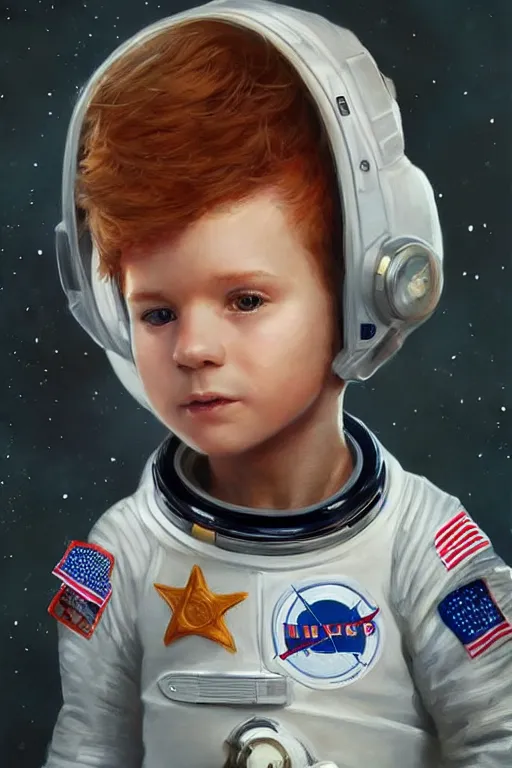 Image similar to a little boy with a michievous face and ginger hair. he is an astronaut, wearing a space suit. clean elegant painting, beautiful detailed face. by raymond swanland and artgerm and greg rutkowski