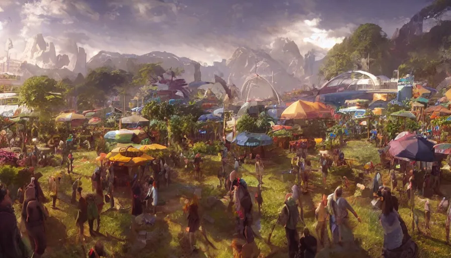 Image similar to craig mullins and ghibli digital illustration of solarpunk farmers market festival under a force field, scifi, colorful, unreal engine, hyper realism, realistic shading, cinematic composition, realistic render, octane render, detailed textures, photorealistic, wide shot