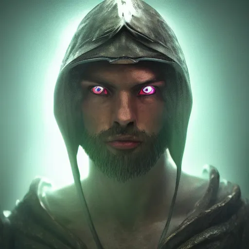 Image similar to portrait of a hooded male warrior inside a bioluminescent temple, fantasy art, realistic, highly detailed, cinematic, 3d render, octane render, sharp focus