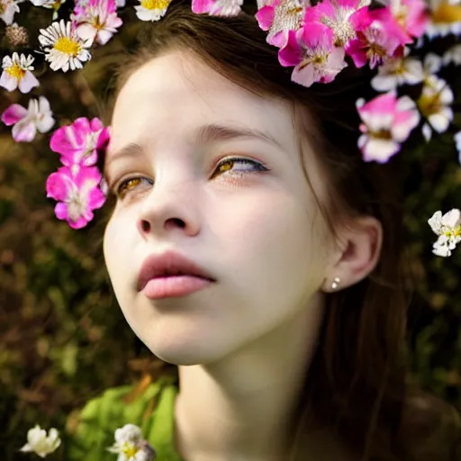 Image similar to girl looking up with flowers sprouting from her face, ethereal illustration